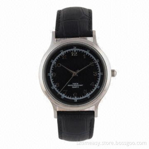 Metal Watch with Genuine Leather Band, 10ATM Water-resistant